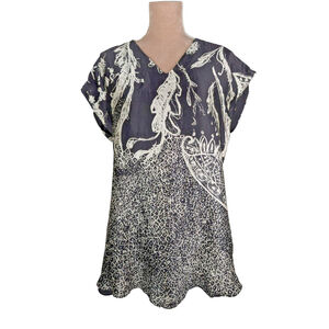 Shamask 100% Silk Geometric Tunic Top Blouse Black White Lagenlook Art US 10-14